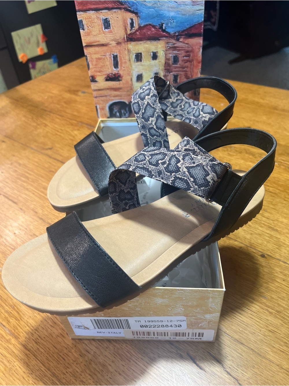 Bella Vita Black Sandals with Snake-Print Cross Straps
